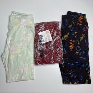 LuLaRoe Leggings OS One Size Set of 3 Light Green Floral Red Triangle Feathers